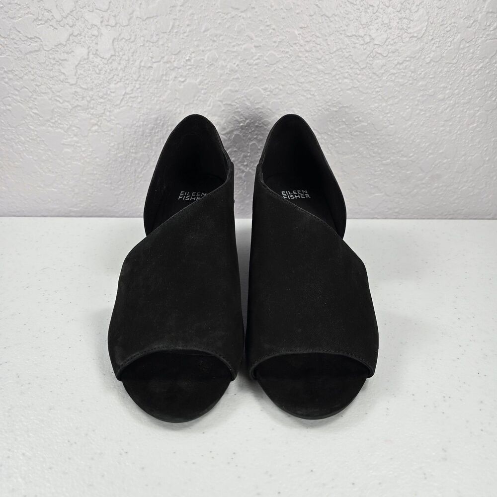 Eileen Fisher Fig D'Orsay Wedges Womens 7.5 Black Nubuck Leather Peep Toe Shoes - Picture 2 of 8